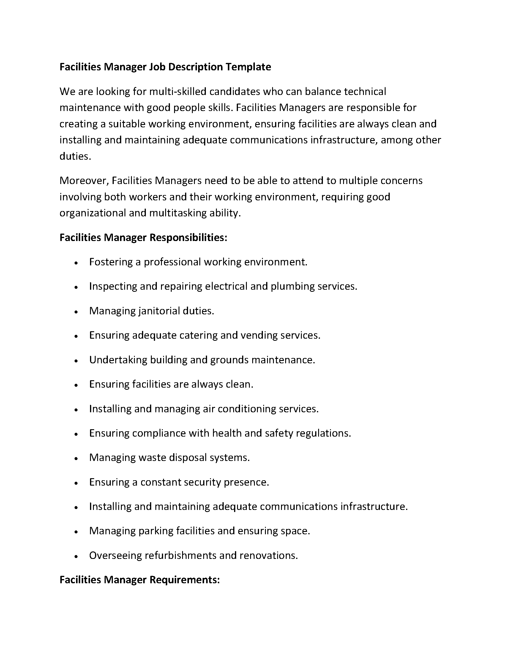 Facilities Manager Job Description Template